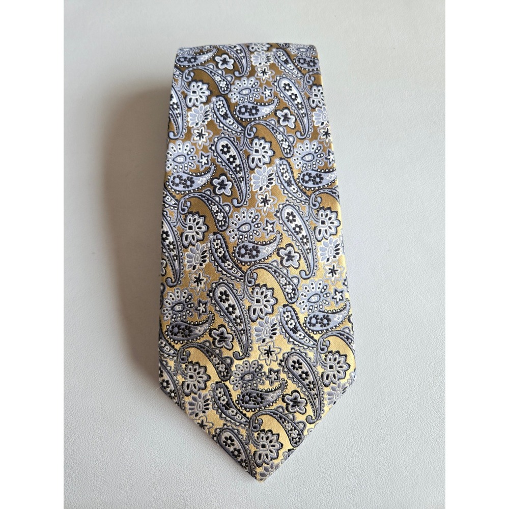 JC‎ by Daniel Craig 100% Silk Paisley Neck Tie Gold Gray White Classic Business